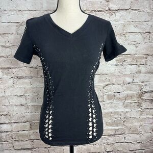Hot Tee Couture Womens Black vneck Slashed Short Sleeve Tshirt size Large